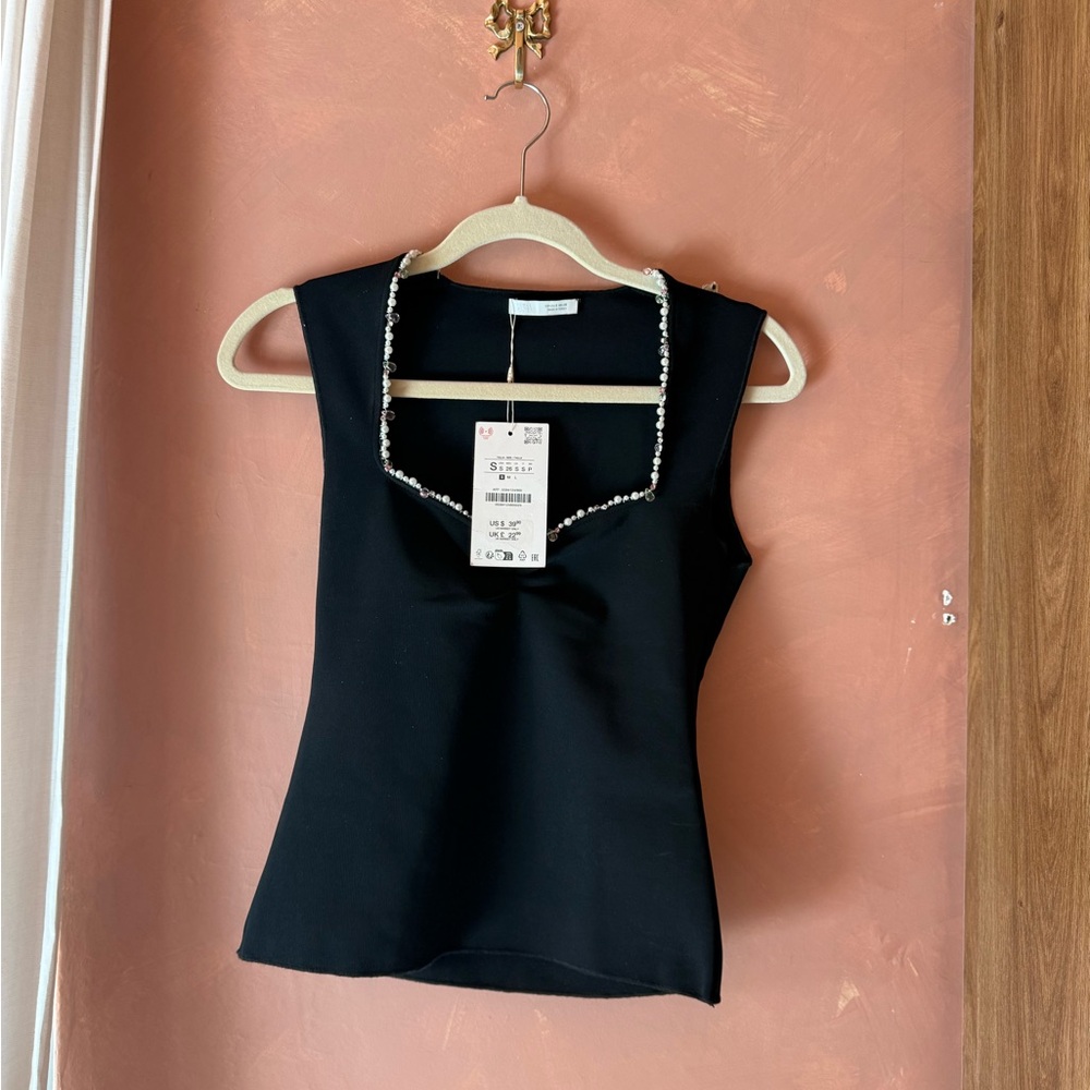 Zara Women's Black Beaded Square Neck Tank Top